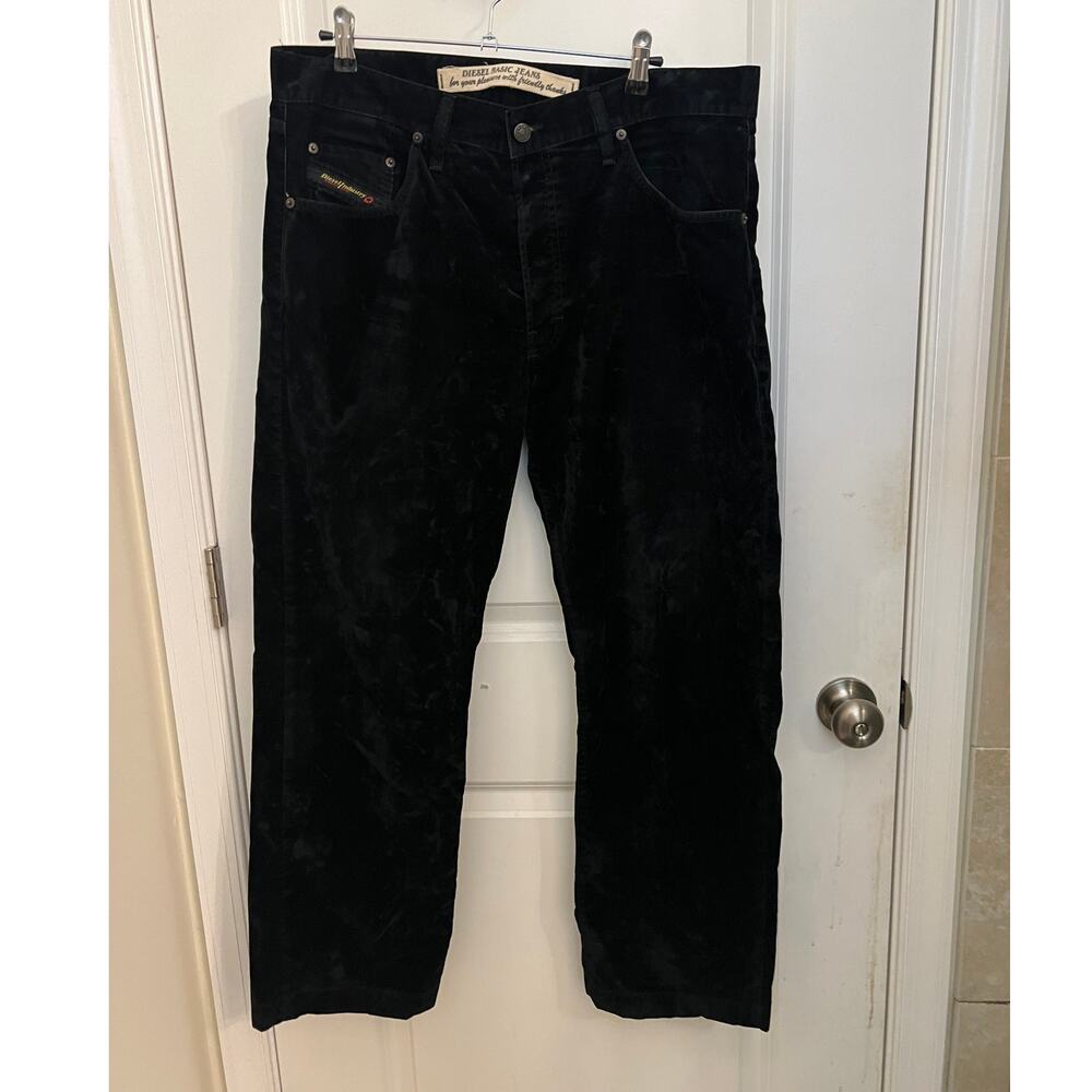VTG Y2K Diesel Basic Jeans Velvet Velour 36 Black Italy Stright Leg Grunge Luxe